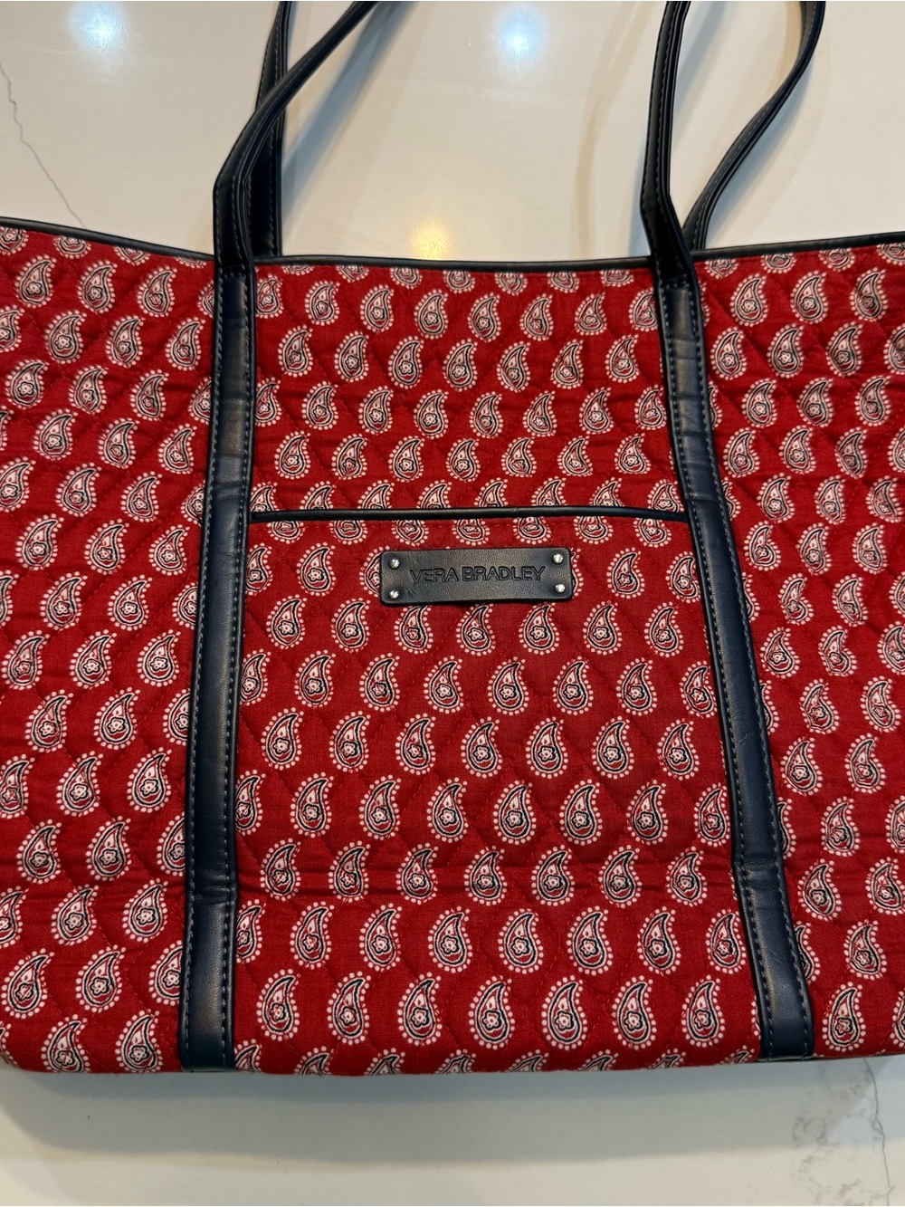 Vera Bradley Red White & Blue Bandana Paisley Tote Purse Leather Americana 
EUC